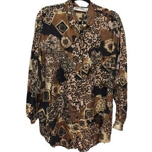 Jane Ashley Button Up Blouse Multicolor Floral Womens Size L Silk‎ Long Sleeve